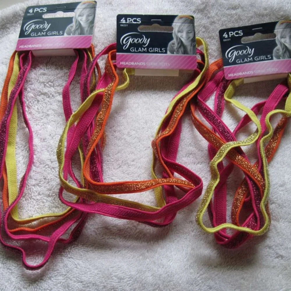 4 Goody Glam Girls Glitter Hair Head Bands Yellow Orange Pink Mylar Tinsel Weave